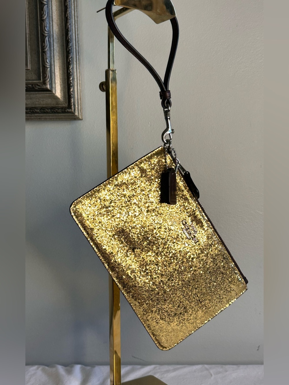 Coach Gold Glitter Wristlet Clutch with Leather Strap
